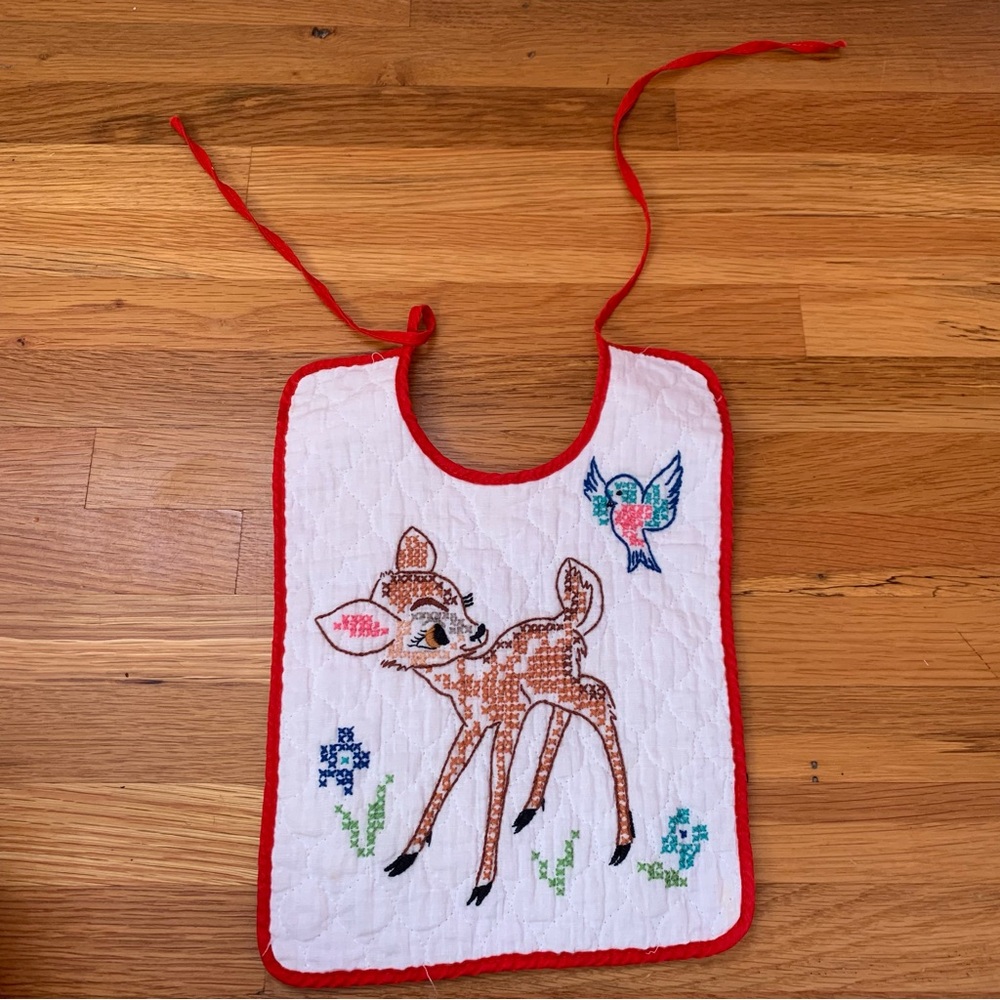 Vintage Handmade Quilted Crossstich Baby Bib Deer Bird Animal Theme